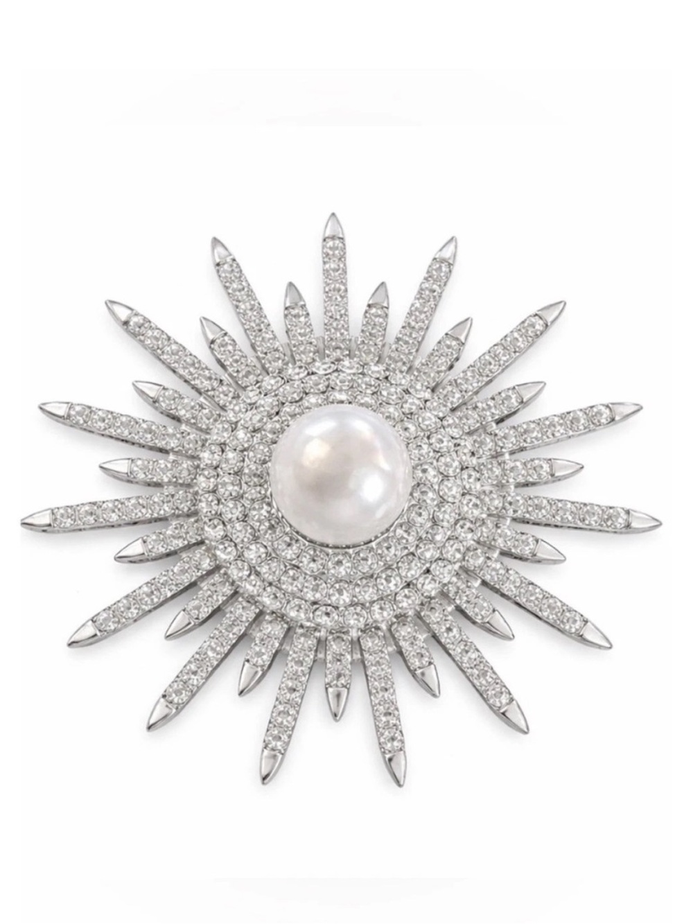 NWT Silver Sunburst Pearl Rhinestone Brooch - Celestial Starburst Pin - Picture 2 of 5